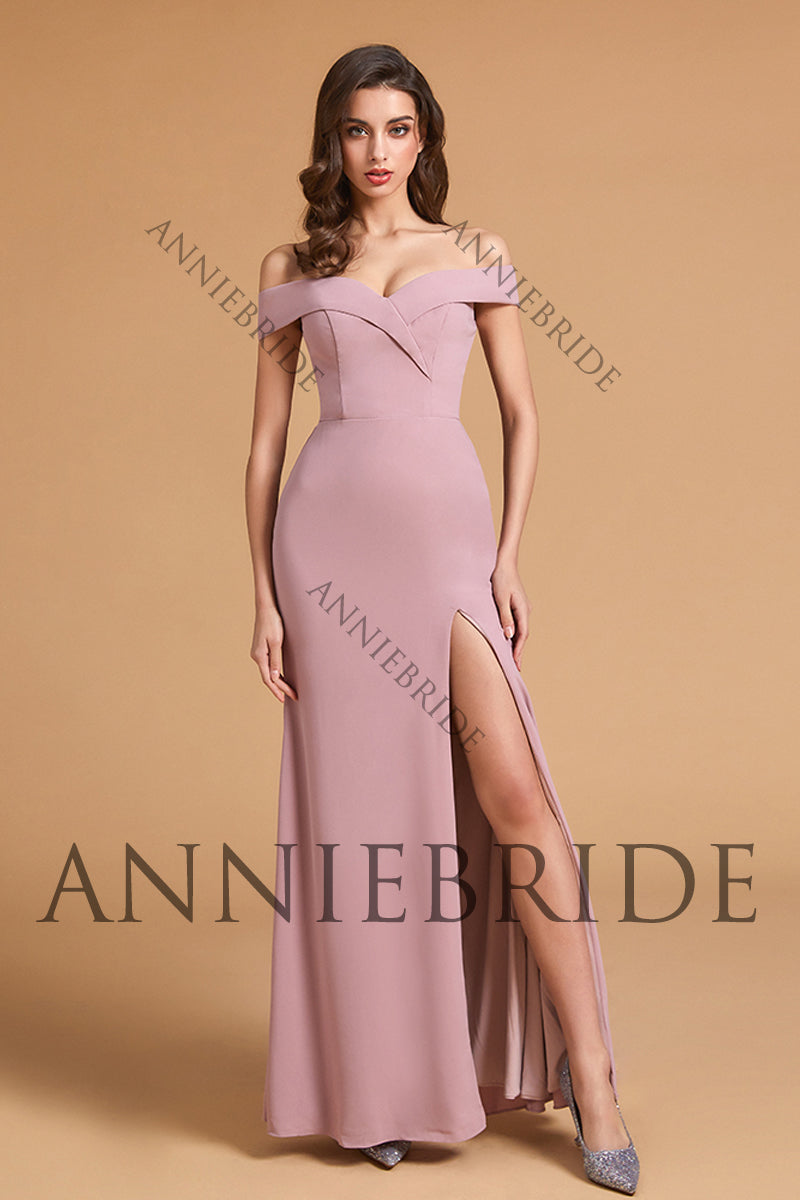 Elegant Sheath Off the Shoulder Blush Pink Elastic Satin Long Bridesmaid Dresses with Slit ABBD061807 Anniebride Elegant Sheath Off the Shoulder Blush Pink Elastic Satin Long Bridesmaid Dresses with Slit ABBD061807 Anniebride