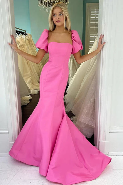 Charming Mermaid Square Neck Pink Satin Prom Dress AB25010703