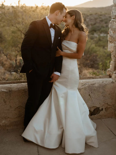 Chic Mermaid Strapless Satin Long Bridal Dresses AB24110607