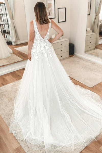 Fairy A Line V Neck Tulle White Wedding Dress with Appliques AB25090806