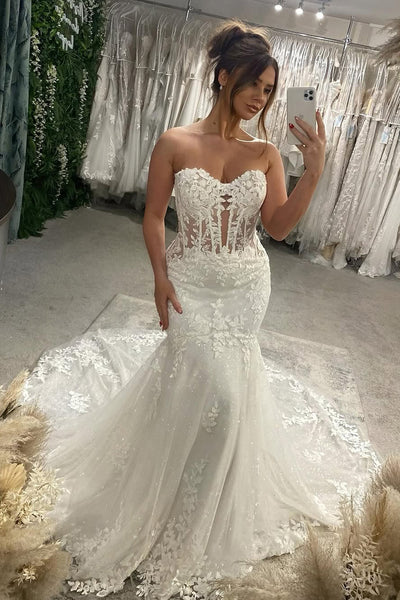 Sweet Mermaid Strapless Lace Long Wedding Dress AB24122816
