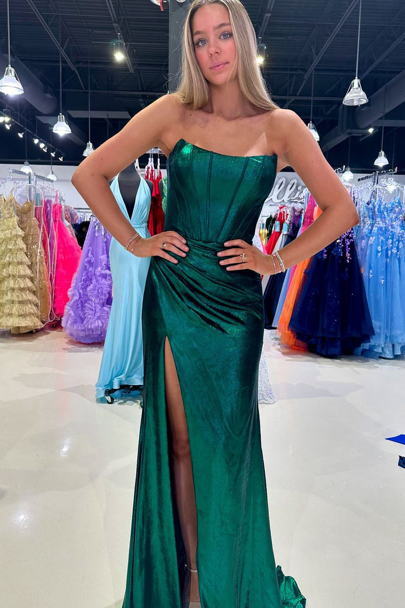 Mermaid Strapless Green Satin Long Prom Dresses with Slit main image 1