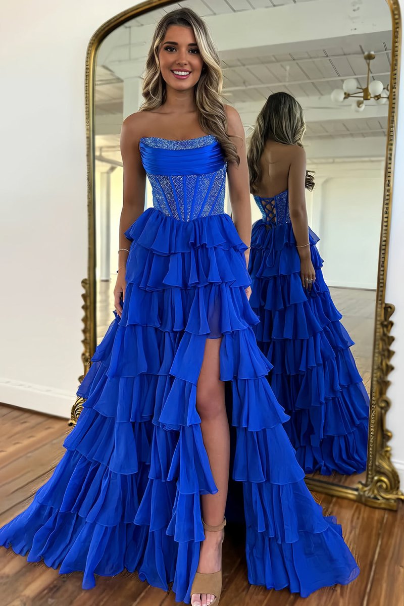 A Line Strapless Royal Blue Chiffon Beaded Corset Long Prom Dress With