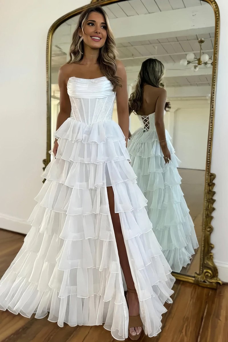 A Line Strapless Chiffon Beaded Corset Long Prom Dress With Slit – Anniebride