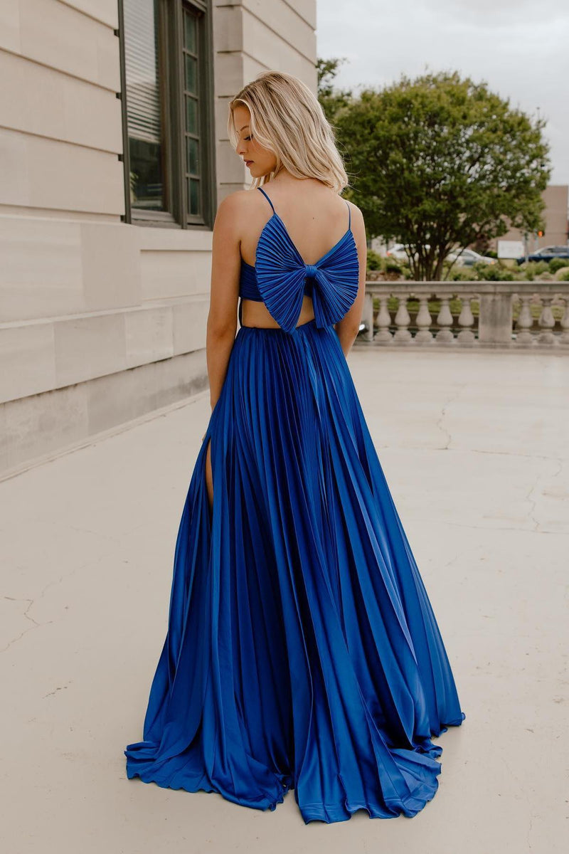 Cute A Line Straps Royal Blue Pleated Satin Long Prom Dress Formal Dre