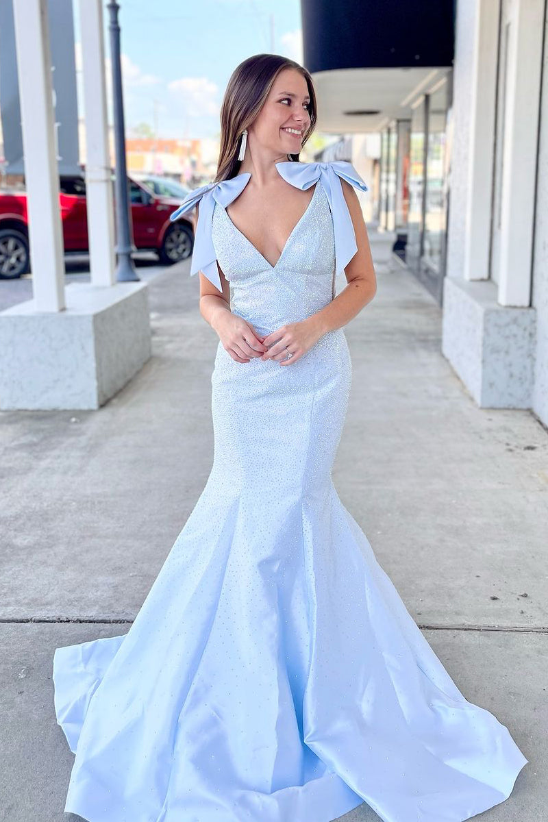 chinese dress ladies Mermaid Beaded Light Blue Lace Long Prom Dresses with Train, Light Blu –  morievent