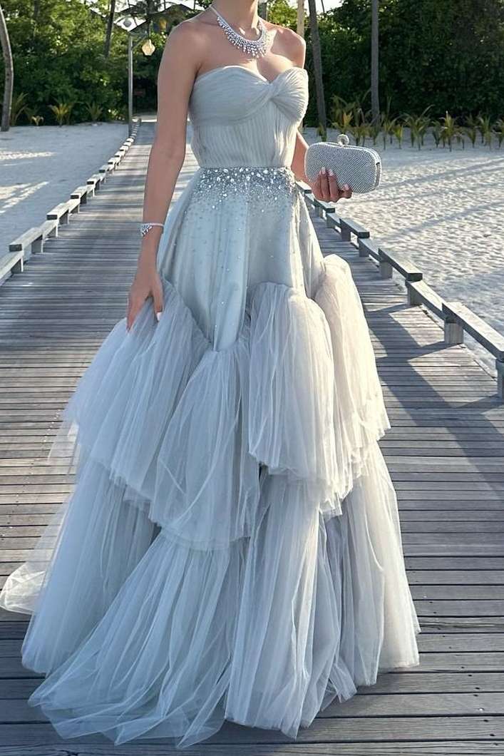 Fairy Ball Gown Sweetheart Light Grey Tulle Long Prom Dress with Beadi Anniebride Fairy Ball Gown Sweetheart Light Grey Tulle Long Prom Dress with Beadi Anniebride