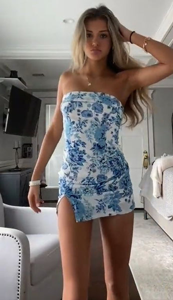 Cute Bodycon Strapless Floral Print Party Dress with Split AB24224