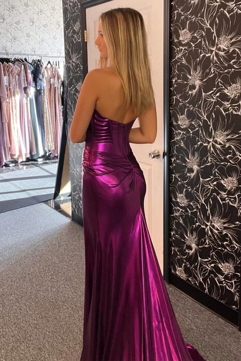 Sexy Purple Mermaid Satin Long Prom Dresses Side Slit Long Evening Dress Y1923