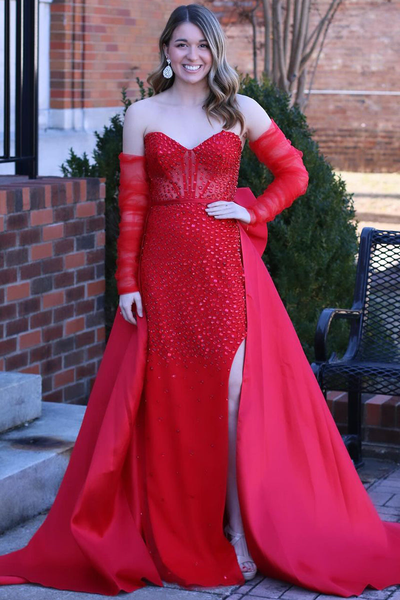 Fairy Mermaid Sweetheart Satin Beaded Long Prom Dresses With Split Anniebride Fairy Mermaid Sweetheart Satin Beaded Long Prom Dresses With Split Anniebride