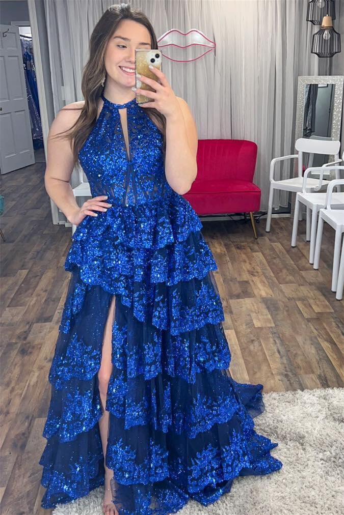 aline formal dress with sleeves Cute A Line High Neck Royal Blue Tiered Prom Dresses – Anniebride