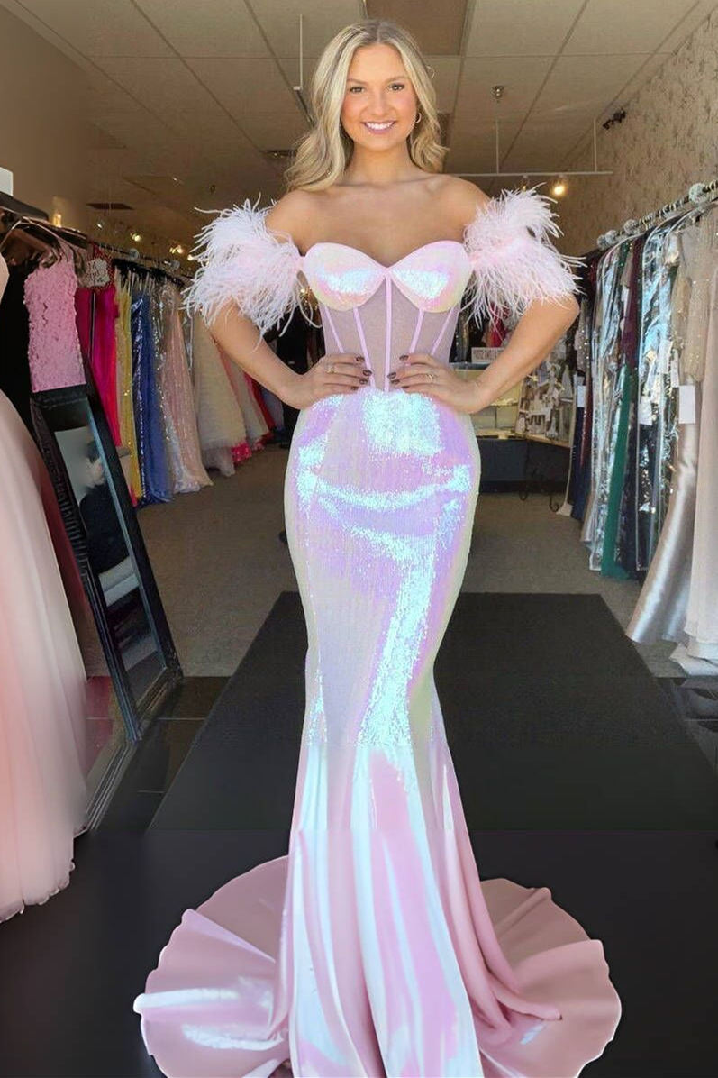 Charming Mermaid Sweetheart Pink Off the Shoulder Feathered Prom Dress – Anniebride Charming Mermaid Sweetheart Pink Off the Shoulder Feathered Prom Dress – Anniebride