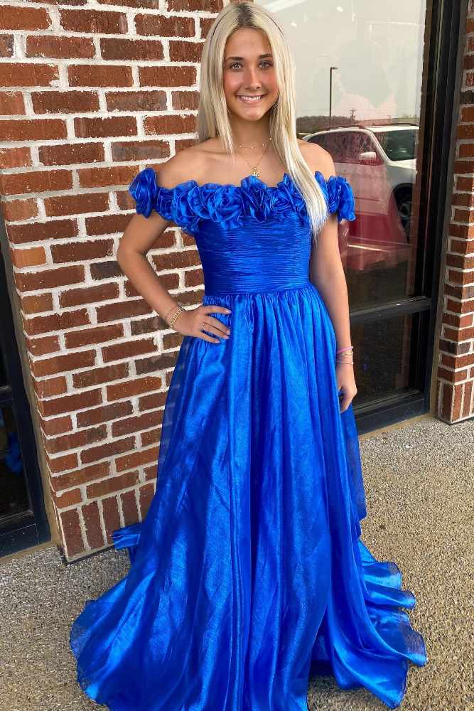 Cute A Line Royal Blue Off the Shoulder Satin Prom Dress with Ruffled –  Anniebride