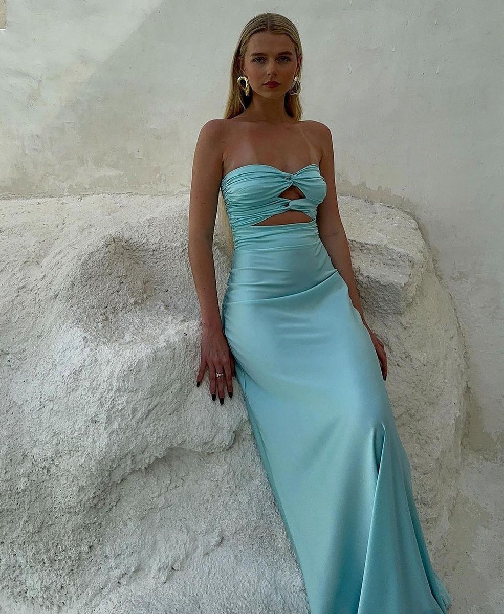 Charming Sheath Strapless Tiffany Aqua Blue Silk Satin Long Prom Dress – Anniebride