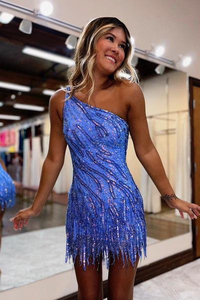 Cute Bodycon One Shoulder Blue Sequins Short Homecoming Dress with Beading AB4021002