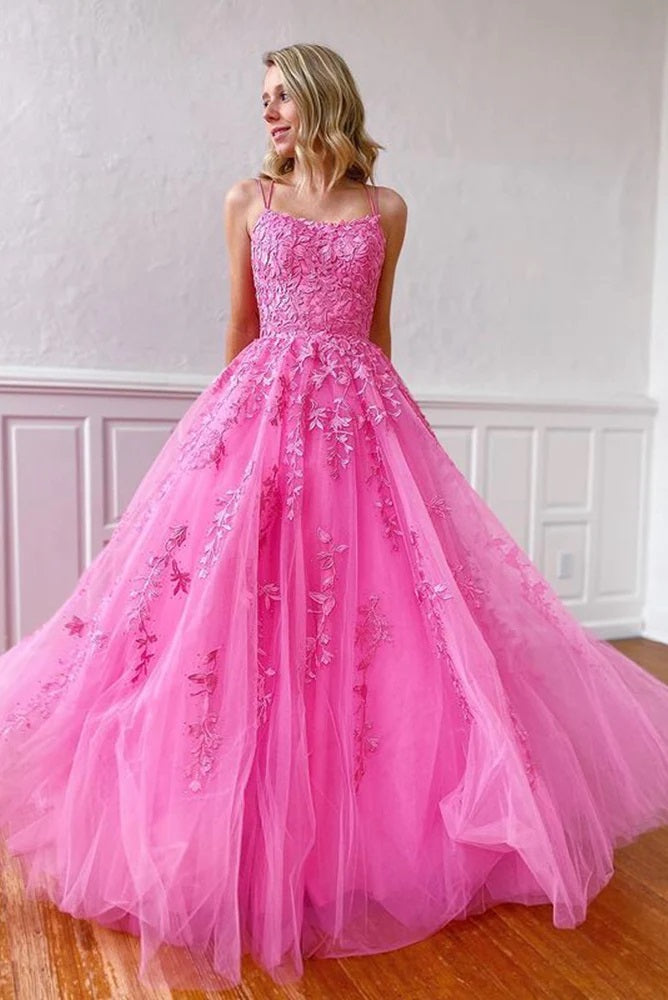 Sweet Ball Gown Scoop Neck Hot Pink Tulle Prom Dresses with Appliques