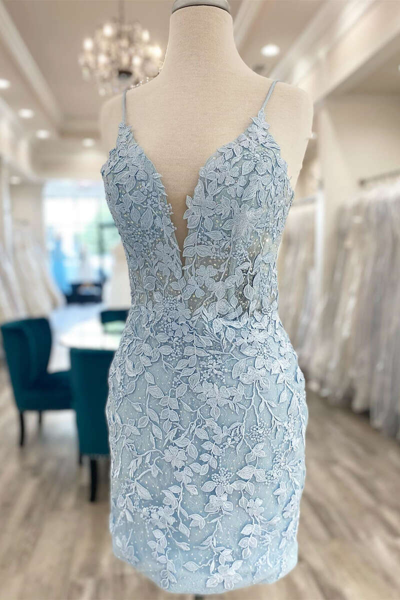 Cute Bodycon V Neck Light Blue Lace Homecoming Dresses with Beading AB Anniebride Cute Bodycon V Neck Light Blue Lace Homecoming Dresses with Beading AB Anniebride