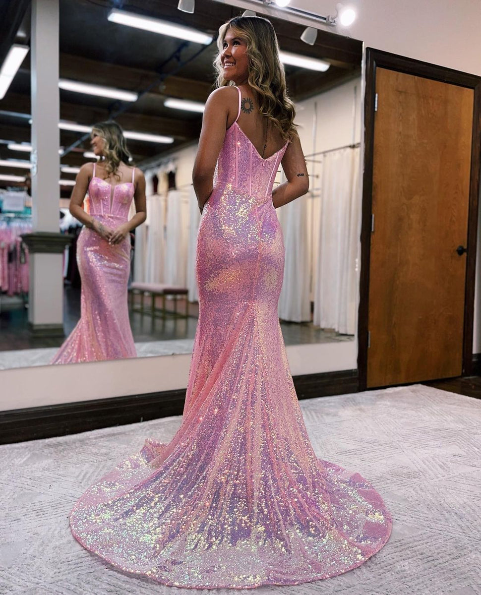 slim fit dress slacks Puff-Sleeve Blush Pink Long Sequin Formal Dress Iridescent Blush / 0 main image 0