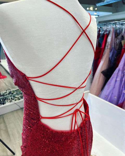 Sparkly Mermaid V Neck Red Sequins Prom Dresses with Slit AB110903