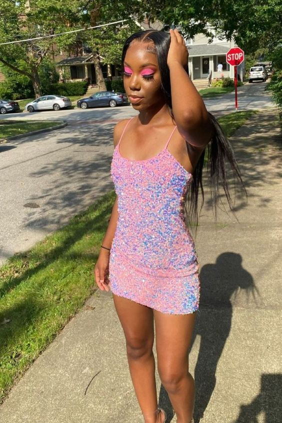 strapless open back dress Cute Sparkly Bodycon Straps Pink Sequins Short Hoco Dresses AB082601
