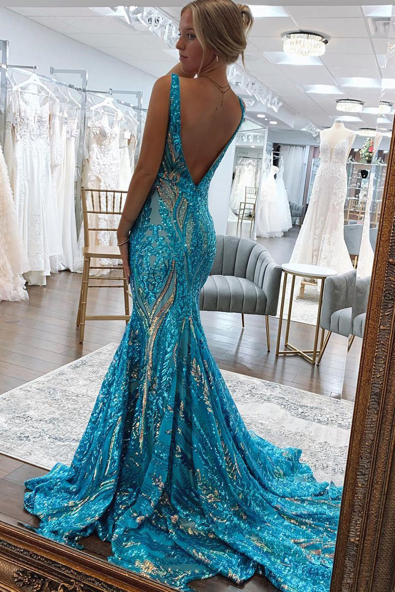 Cute Mermaid V Neck Blue Lace Sequins Long Prom Dress with Backless