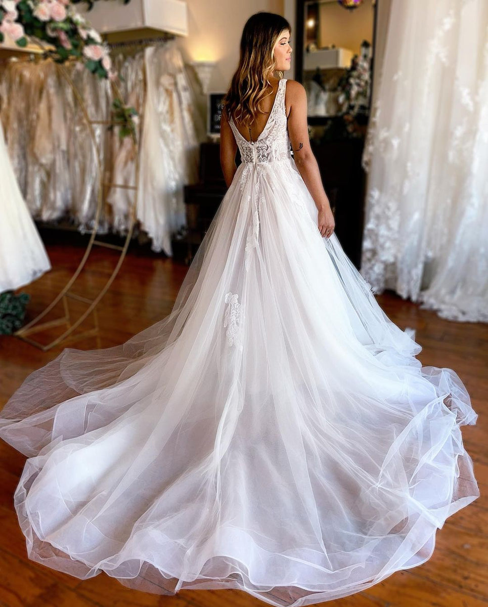 A Line Deep V Neck Tulle Beach Wedding Dress with 3D Flowers, Bridal Dresses UQW0108 main image 0