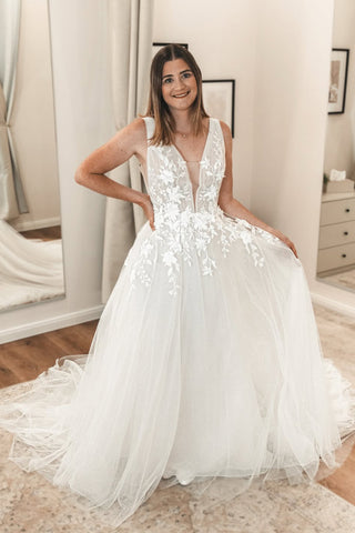 Boho A Line V Neck Tulle Wedding Dress with Appliques AB25092805