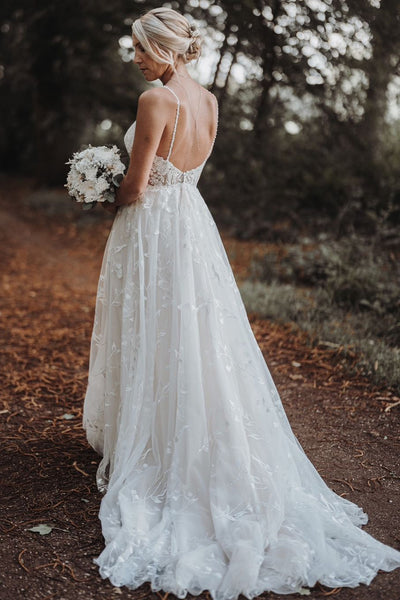 A Line V Neck Tulle Wedding Dresses with Appliques AB24102208