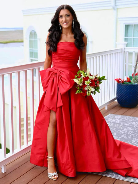 Cute A Line Strapless Light Blue Taffeta Slit Prom Dress with Bow AB25011201