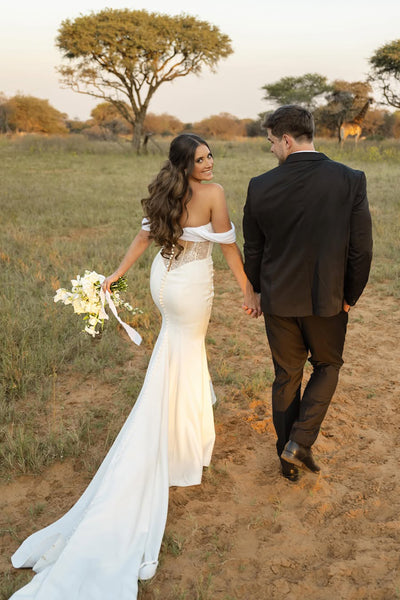 Elegant Mermaid Off the Shoulder Elastic Satin Wedding Dress AB26061409