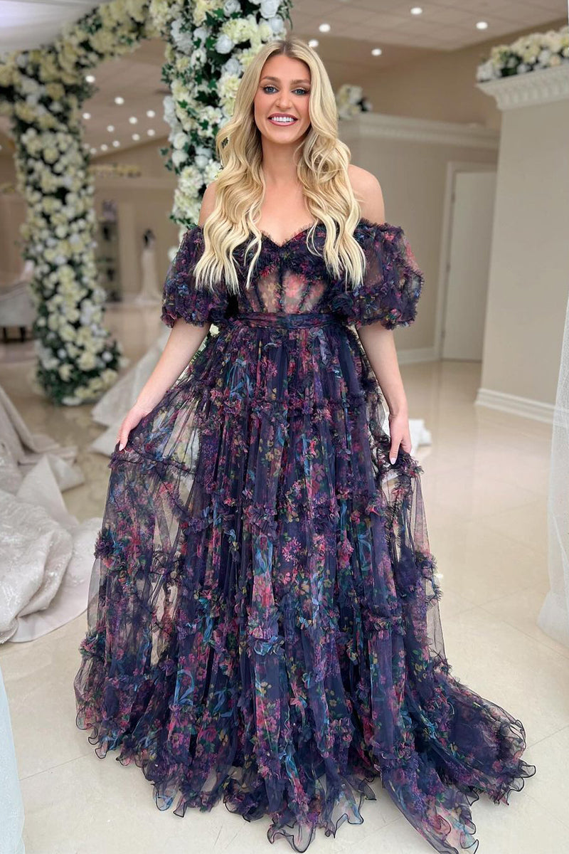 Flowy A Line Off the Shoulder Ruffle Prom Dress AB4051005