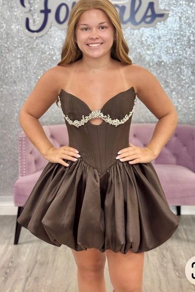 A Line Sweetheart Chotolate Satin Homecoming Dress with Beading AB26072406