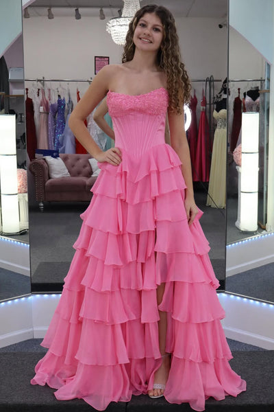 Cute A Line Scoop Neck Pink Chiffon Tiered Prom Dress with Slit AB26012414