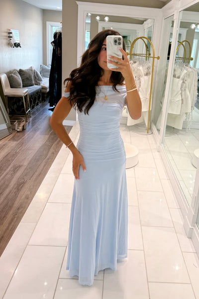 Sheath Off the Shoulder Light Blue Chiffon Wedding Guest Dress AB26061004