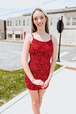 Cute Bodycon Scoop Neck Red Sequins Short Homecoming Dresses ABHC061817