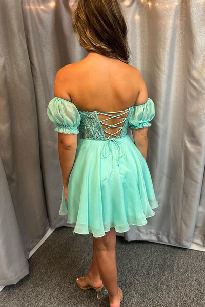 Cute A Line Sweetheart Blue Chiffon Short Homecoming Dresses with Appliques AB080701
