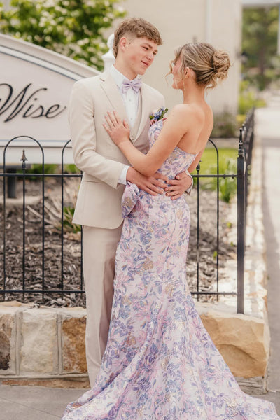 Cute Mermaid Strapless Lavender Jacquard Satin Prom Dress with Slit AB26050703