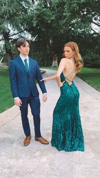 Cute Mermaid Scoop Neck Dark Green Sequins Prom Dress with Slit AB25010309