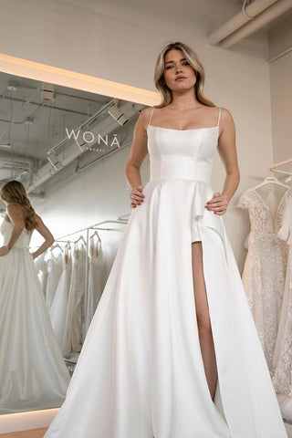 Elegant A-Line Scoop Neck Satin Wedding Dresses AB4022201