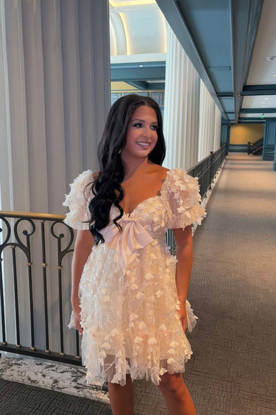 A Line Sweetheart White Lace Short Homecoming Dress AB26062405