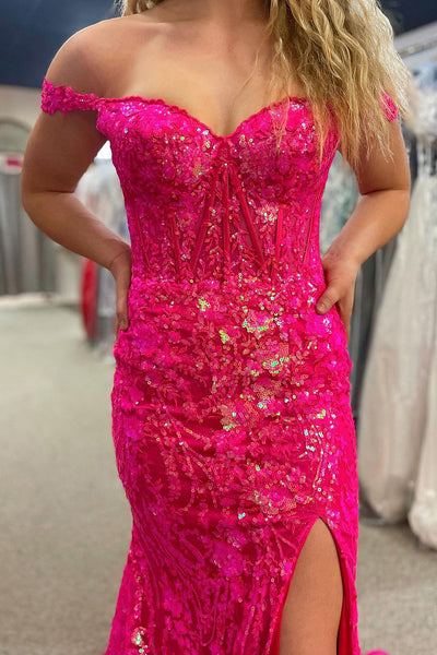 Cute Mermaid Sweetheart Hot Pink Sequins Lace Prom Dresses with Slit AB111403