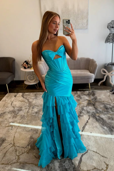Cute Sheath Sweetheart Blue Tiered Long Prom Dress with Slit AB26020302