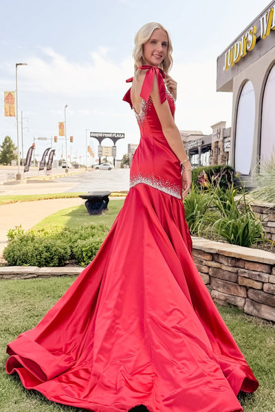 Gorgeous Mermaid Square Neck Red Satin Prom Dress with Beading AB25120407