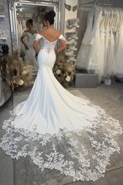 Elegant Mermaid Off the Shoulder Elastic Satin Wedding Dress with Appliques AB25112708