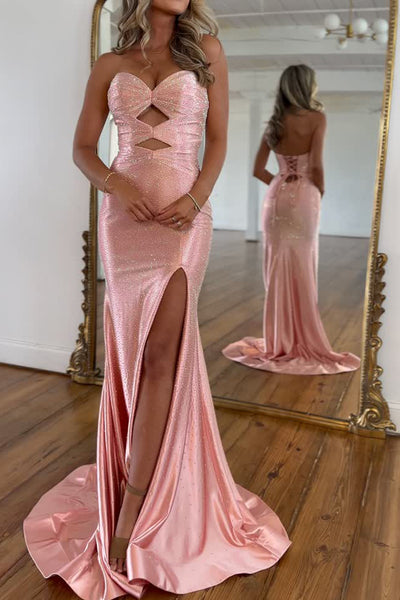 Sparkly Mermaid Sweetheart Pink Hot FIx Satin Prom Dress with Slit AB26012904