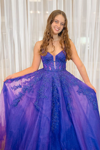 Cute A Line V Neck Sparkly Purple Tulle Long Prom Dress with Appliques AB24111405