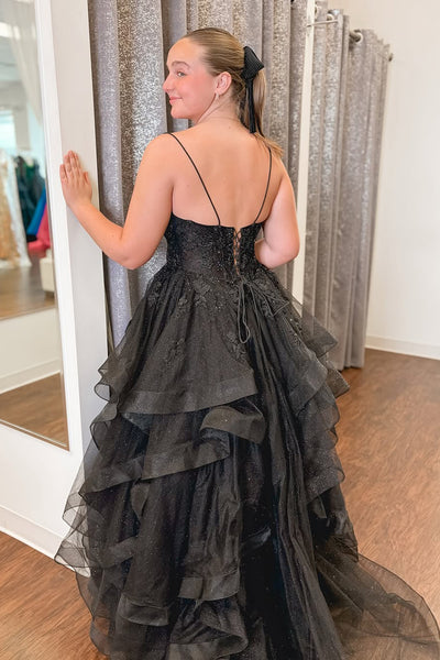 Cute A Line V Neck Black Ruffled Tulle Prom Dress with Appliques AB24121901