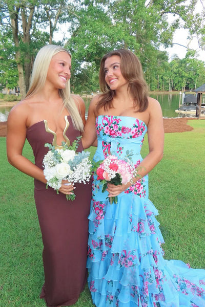 Fairy Sheath Strapless Blue Floral Chiffon Tiered Prom Dress with Slit AB26050702