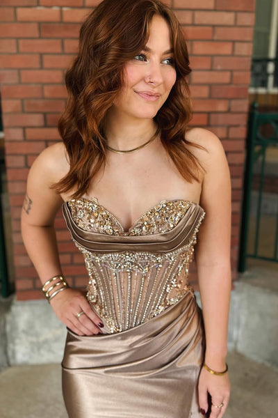 Charming Mermaid Sweetheart Brown Silk Satin Long Prom Dress with Slit AB25102705