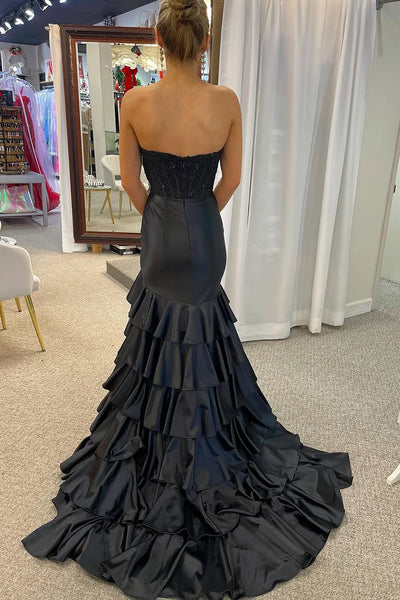 Cute Mermaid Scoop Neck Black Tiered Prom Dress with Appliques AB25010206
